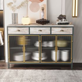 48" Wide 4 Glass Doors Modern Sideboard with 3 Top Drawers, Freestanding Sideboard Storage Cabinet Entryway Floor Cabinet for Living Room Office Bedro