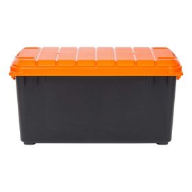 20 Gallon Stackable Heavy Duty Plastic Storage Tote, Black with Orange Lid and Buckles, Set of 2