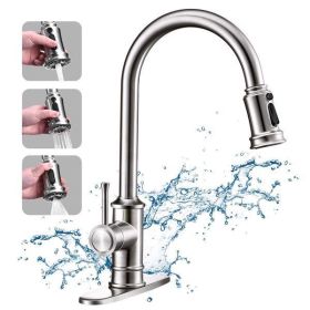 Kitchen Faucet- 3 Modes Pull Down Sprayer Kitchen Sink Faucet; Brushed Nickel Kitchen Faucet Single Handle; 1or3 Holes with Deck Plate; 100% Lead-Free