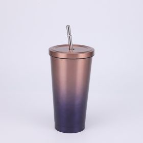 Stainless Steel Large-capacity Straw Insulation Cup (Option: Yellow Purple-500ML)