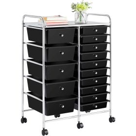 15 Drawers Rolling Storage Bin with Metal Frame & Lockable Wheels, White (Color: Black)