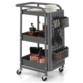 Multifunction 3-Tier Utility Storage Cart Metal Rolling Trolley W/ DIY Pegboard Baskets (type: Kitchen Islands & Carts, Color: Grey)